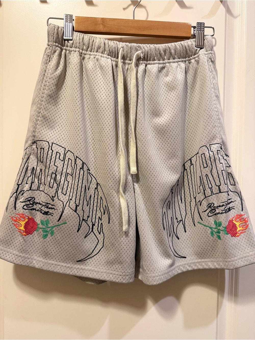 Civil Regime Men's Light Gray Mesh Shorts with Graphic Rose Detail